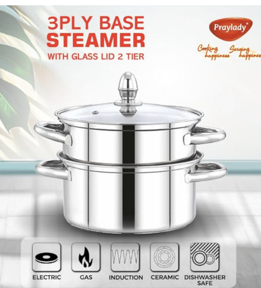 PrayLady Stainless steel 3 Ply Base Cookware Steamer Multi-Purposes Steamer Capacity - 2.0 Litre (2 Tier) (2 TIER STEAMER - 20 CM), Silver - Image 4